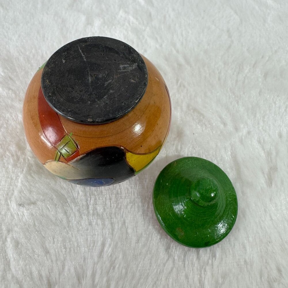 Handmade Wooden Trinket Jar With Lid Folk Art Colorful Parrot Toucan Bird Design - Picture 5 of 7